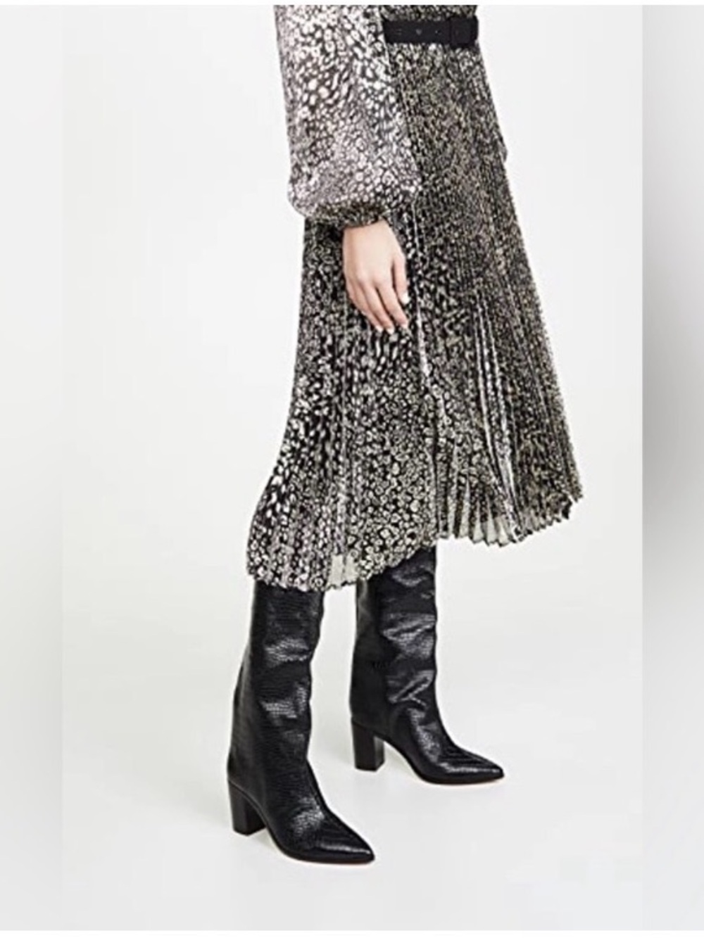 Schutz Analeah Wide Croco Embossed Knee High Leather Boots Black Size 8B